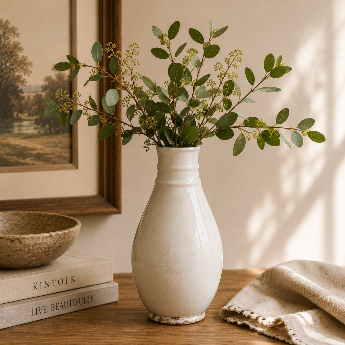 9" H Off White Ceramic Vase with Two Lines