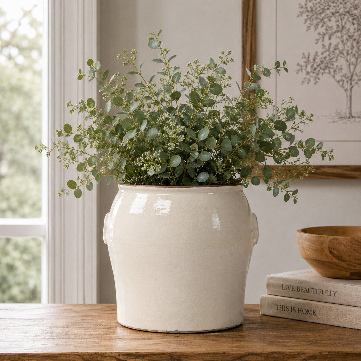 Approx. 10.6" High Off White Ceramic Vase with Decorative Handles (8.7" Opening)