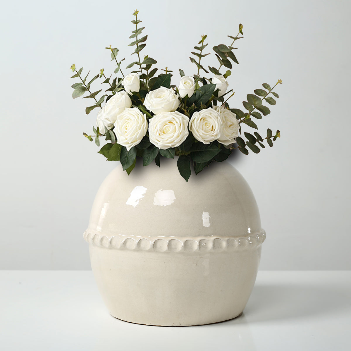 Approx. 11" High Off Whtie Ceramic Vase with Lace Decoration