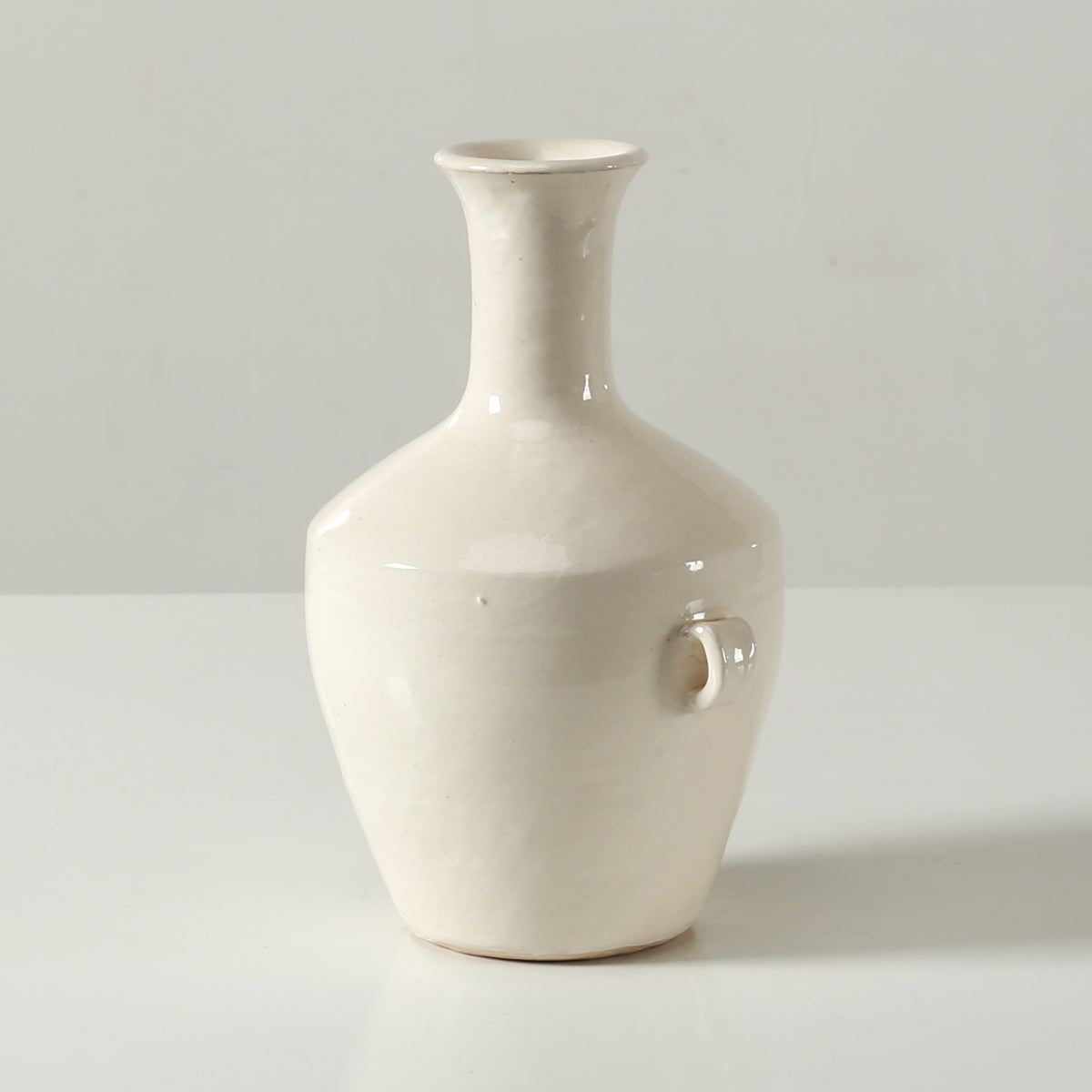 Approx. 9" Off White Glazed Ceramic Vase with Two Decorative Handles(2.8" Opening)