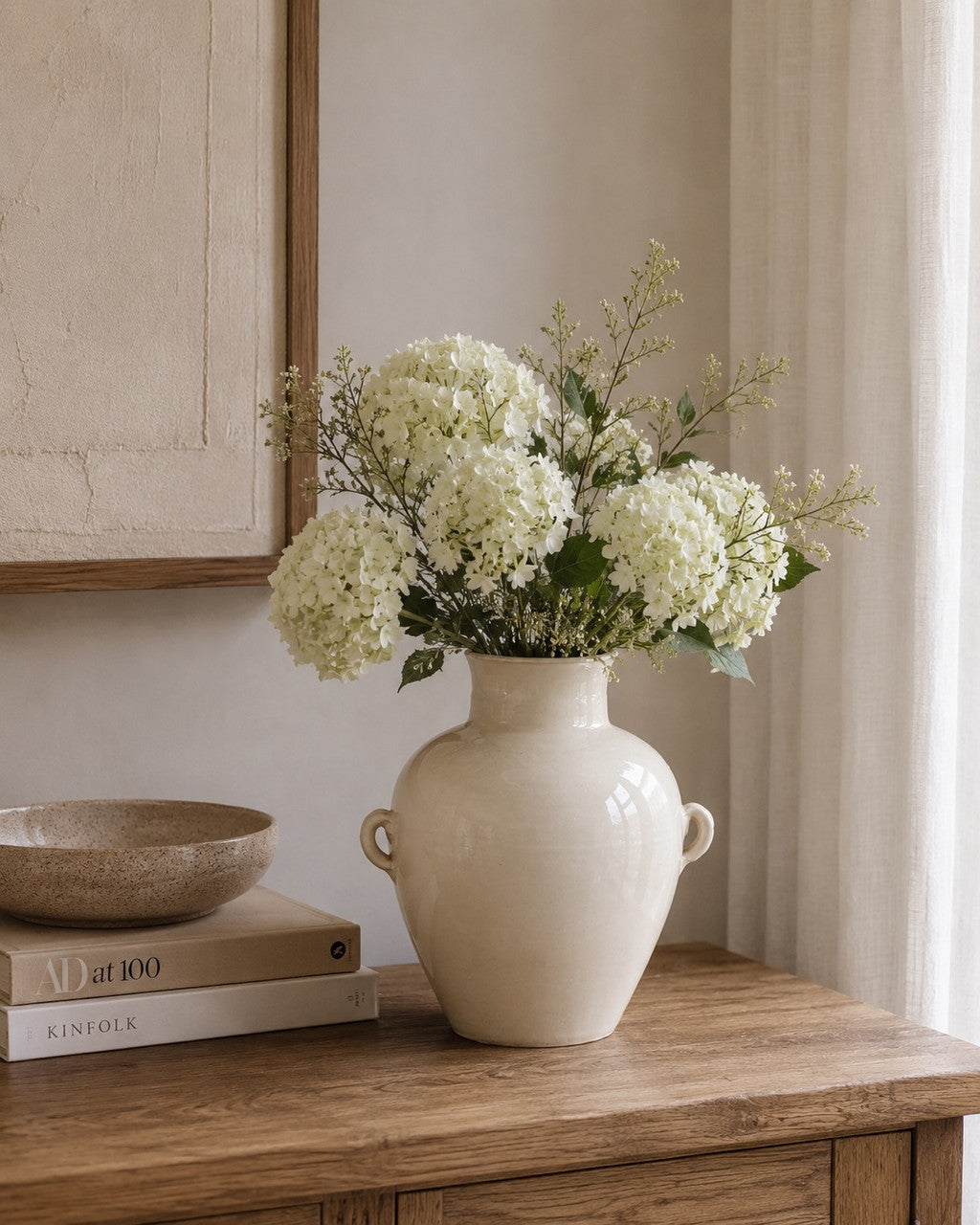 Approx. 9" Off White Glazed Ceramic Vase with Two Decorative Handles