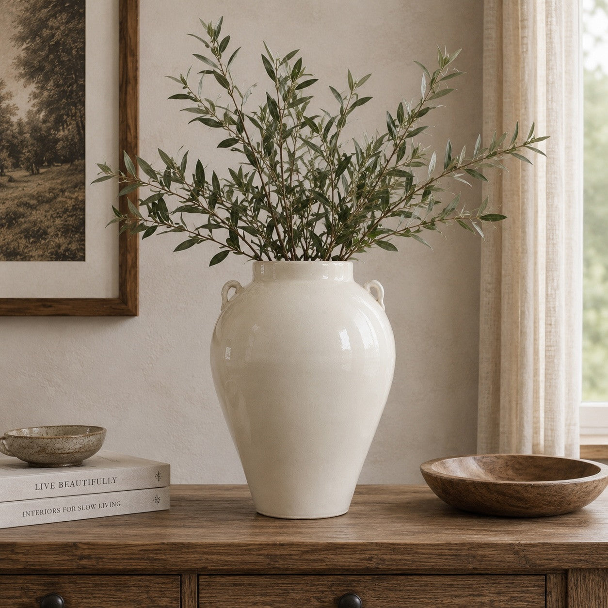Approx. 12.6 Inches High Off White Ceramic Vase with Two Handles