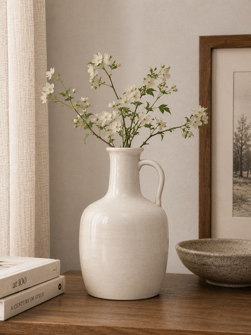 Approx. 10" H Off White Ceramic Bottle Vase with One Decorative Handle image 2