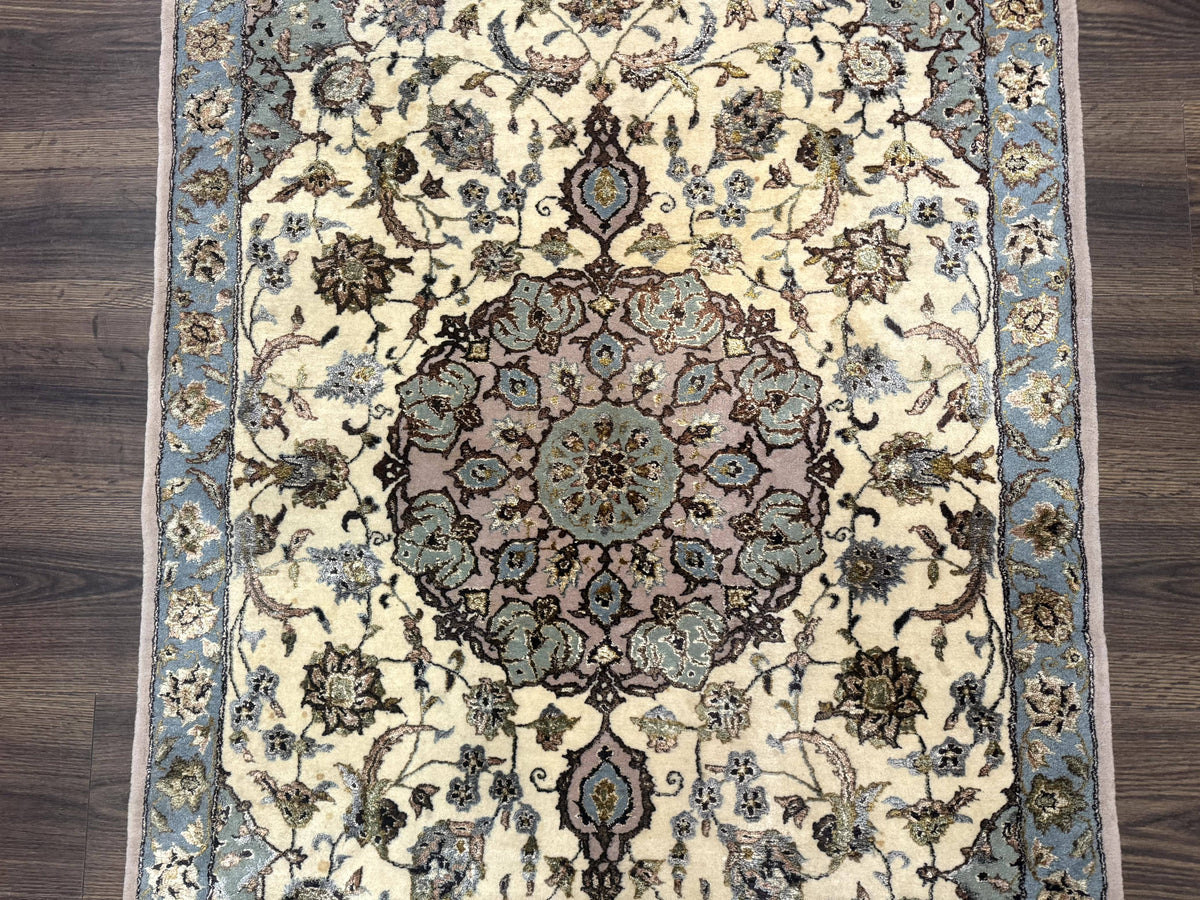 Persian Isfahan Rug 3x5, Fine 310 KPSI, Kork Wool Silk Foundation, Cream & Light Green - Jewel Rugs, view 4