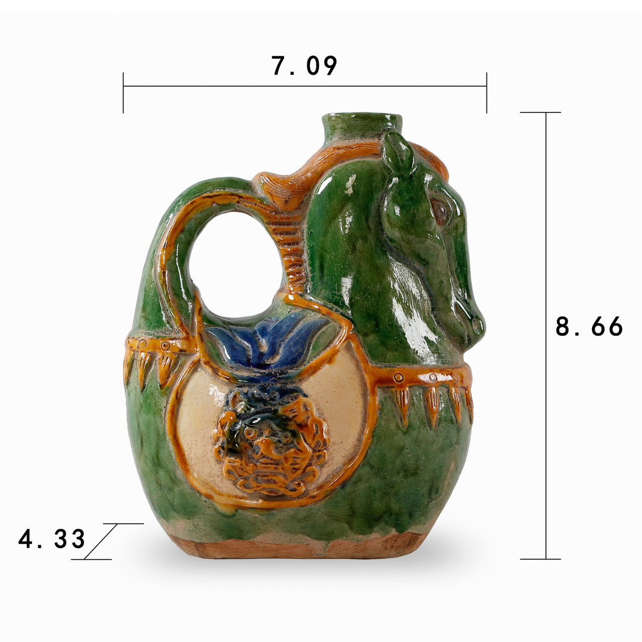 Horse shaped vase with three color glaze 7x4.3x8.6H