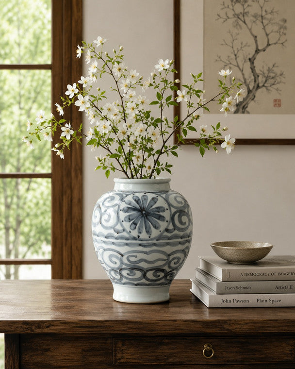 Approx.11 Inches Subtle Blue and White Vase with Flower Motif image 3