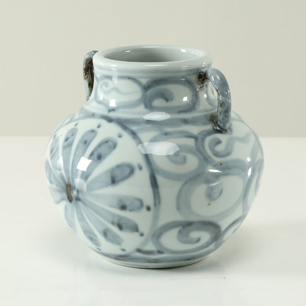 Approx.6 Inches Subtle Blue and White Vase with Two Decorative Handles