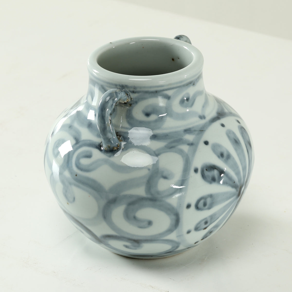 Approx.6 Inches Subtle Blue and White Vase with Two Decorative Handles