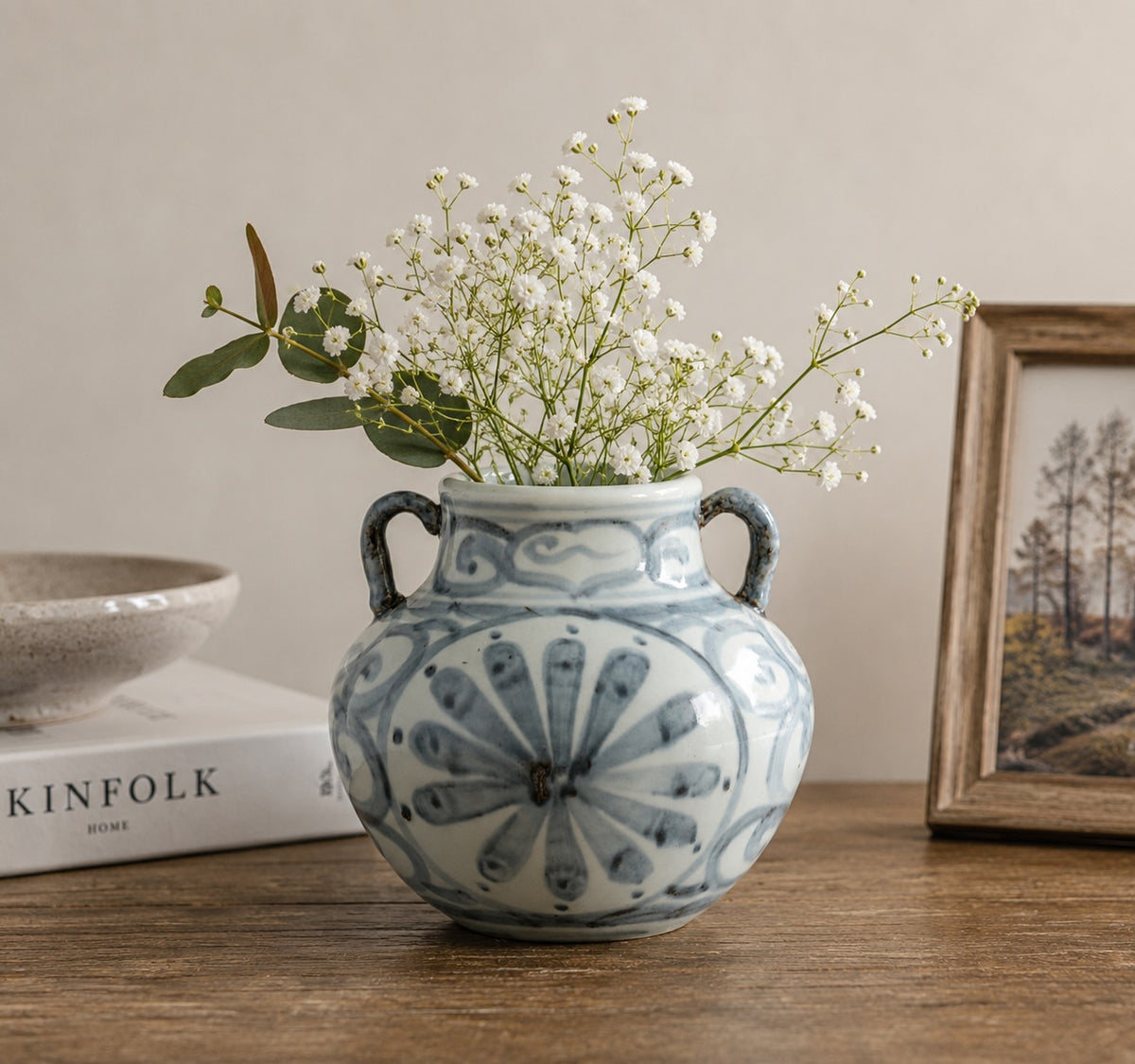 Approx.6 Inches Subtle Blue and White Vase with Two Decorative Handles