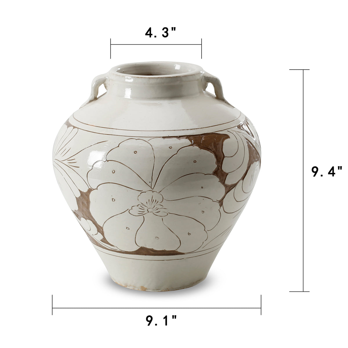 Amalfi Double Glazed Two Handles Tapered Vase with Flower Motif 8.6x8.6x9.4 H