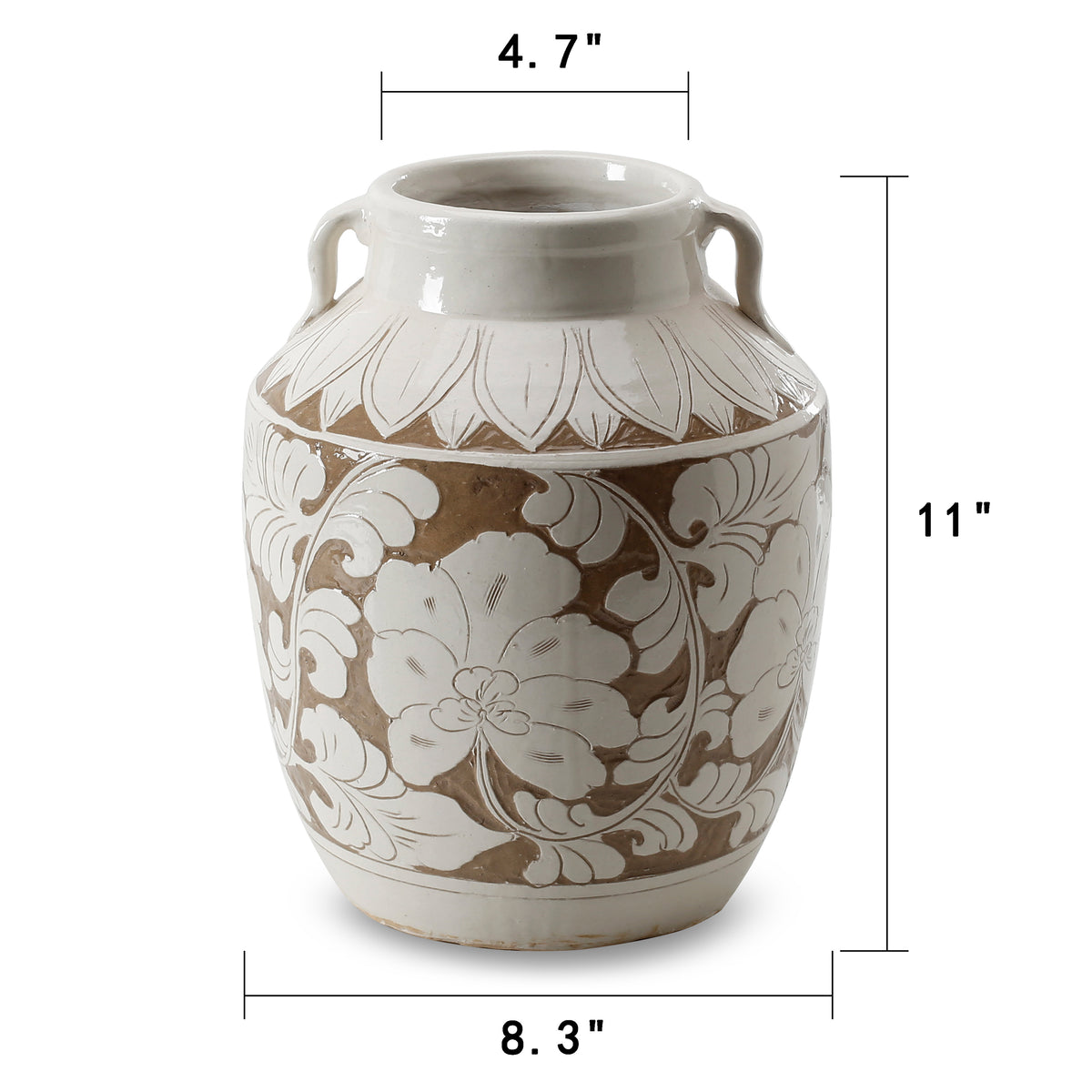 Amalfi Double Glazed Tall Vase Two Handles with Flower Motif 7.8x7.8x10.4H