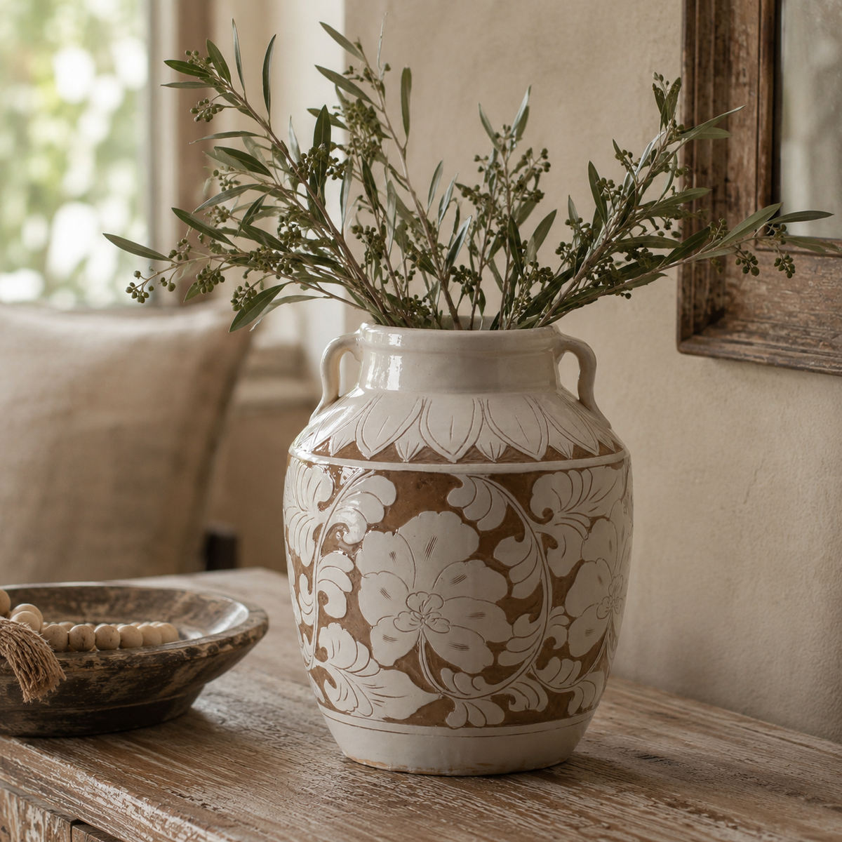 Amalfi Double Glazed Tall Vase Two Handles with Flower Motif 7.8x7.8x10.4H