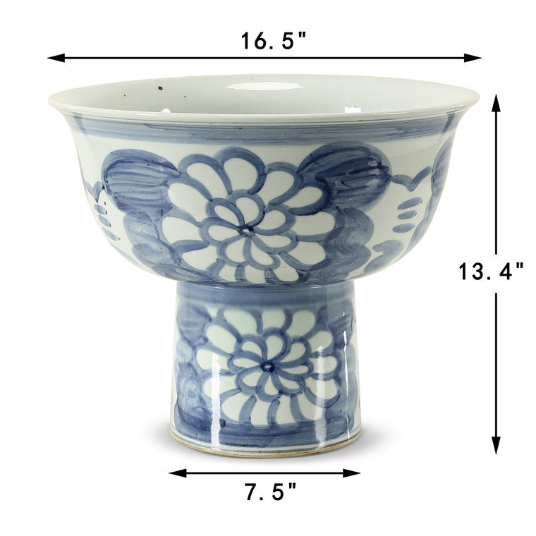 Hand Painted Blue and White Pedestal Bowl-16"W x13"H image 3