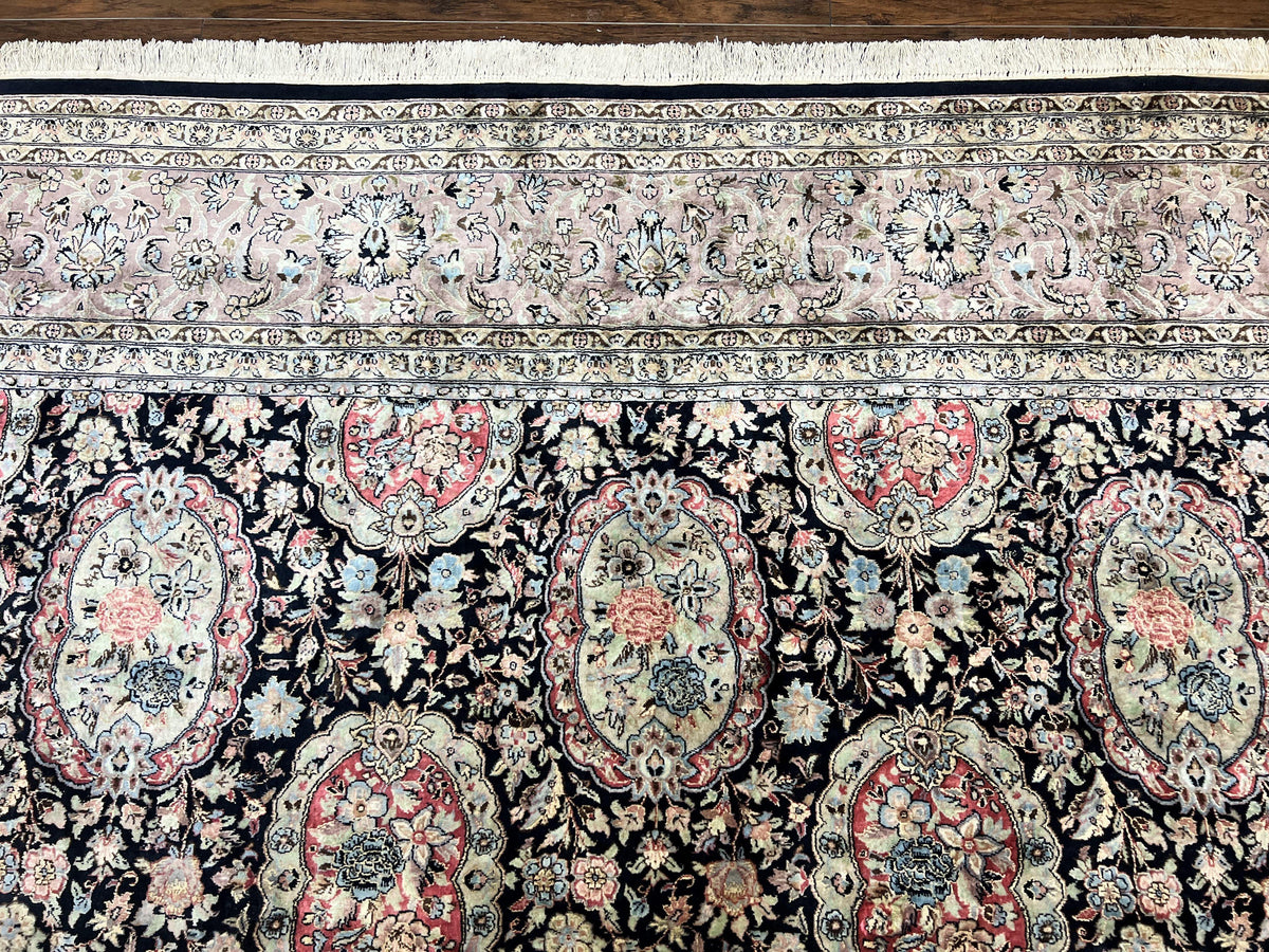 Sino Persian Rug 9x12, Navy Blue and Pink Hand Knotted Wool and Silk Highlights Vintage Oriental Carpet, Handmade Floral Area Rug 9 x 12 ft - Jewel Rugs, view 3