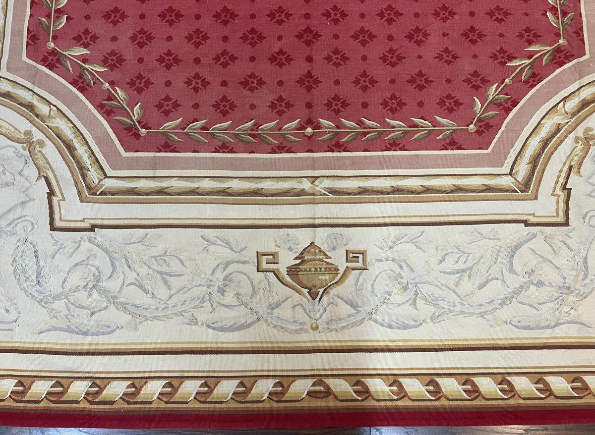 Aubusson Rug 9x12 ft, Red and Ivory Elegant Aubusson Carpet, Flatweave, Vintage Wool Handmade Area Rug 9 x 12, French European Design - Jewel Rugs, view 6