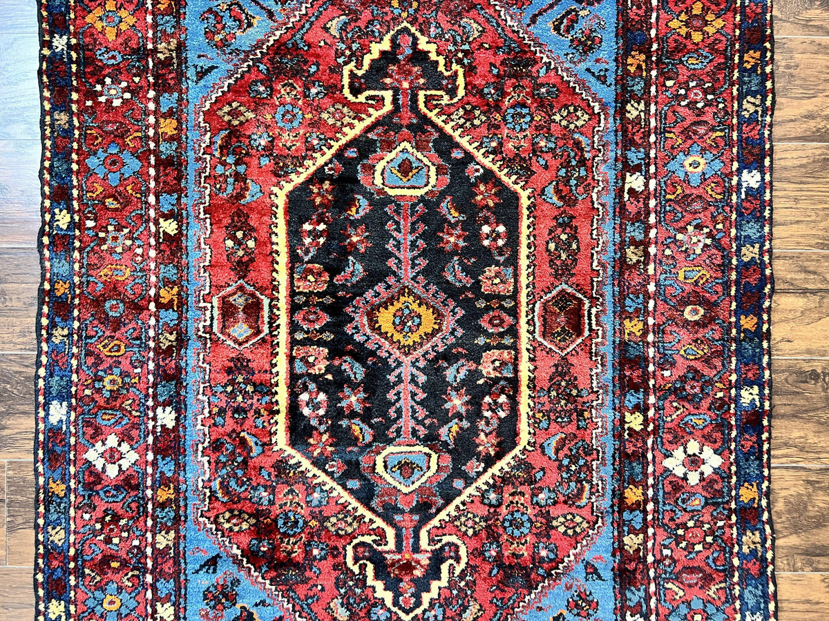Antique Persian Tribal Rug 4x7, Wool Handmade 1920s Carpet, Red Blue, Persian Hamadan Rug - Jewel Rugs, view 4