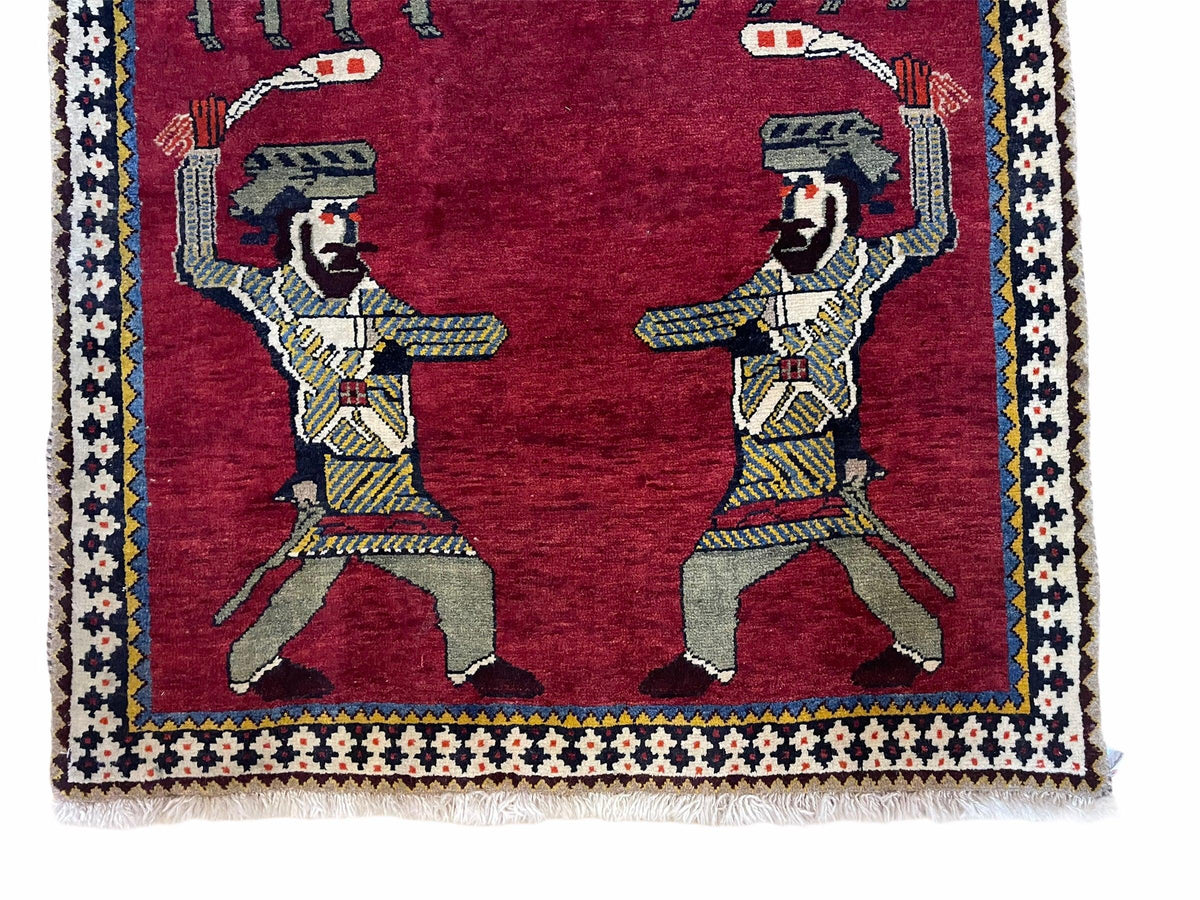 3 X 6 Handmade Wool Rug Tribal Balouch Warriors Deer Animal Pictorial Red Swords - Jewel Rugs, view 6