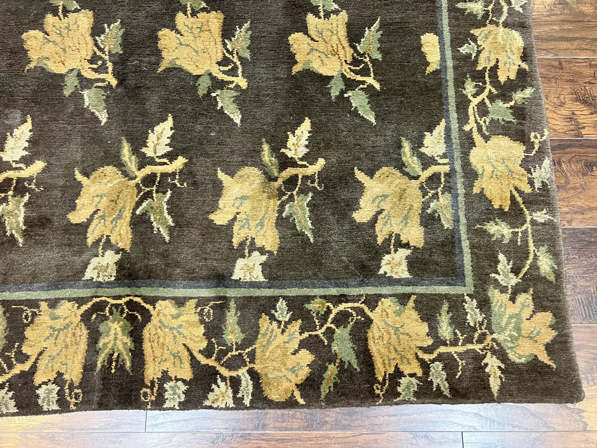 Tibetan Nepal Rug 6x9, Wool Hand Knotted Vintage Carpet 6 x 9, Dark Green & Golden Yellow, Floral Bouquets - Jewel Rugs, view 10