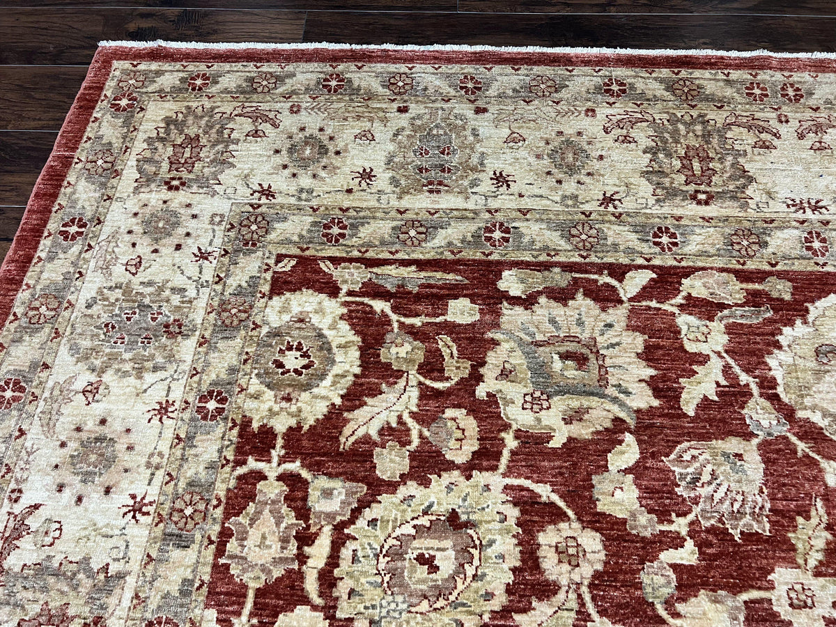 Pak Persian Rug 10x14, Sultanabad Mahal Peshawar Chobi Carpet, Large Vintage Wool Oriental Rug, Maroon & Beige, Floral Allover, Handmade - Jewel Rugs, view 7