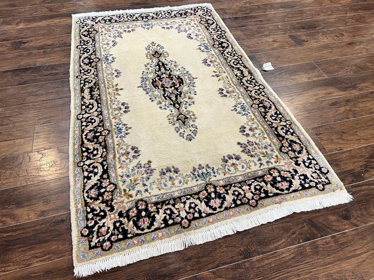 Persian Kirman Rug 4x7, Wool Hand Knotted Antique Carpet, Beige, Semi Open Field Medallion Rug, Traditional Handmade Oriental Rug - Jewel Rugs, view 13