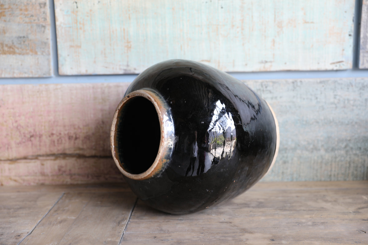 Glazed obsidian large vase with unfinished base Vintage