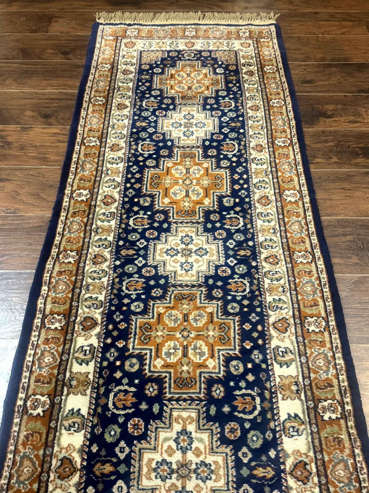 Indo Persian Runner Rug 2.6 x 12.7, Indian Kashmiri Runner for Hallway or Kitchen, Navy Blue, Geometric Medallions, Handmade Wool - Jewel Rugs, view 11