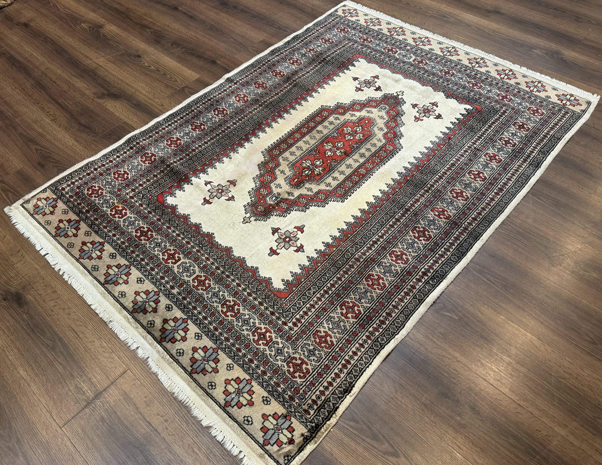 Pakistani Turkoman Rug 4x6, Semi Open Field, Ivory, Vintage - Jewel Rugs, view 3