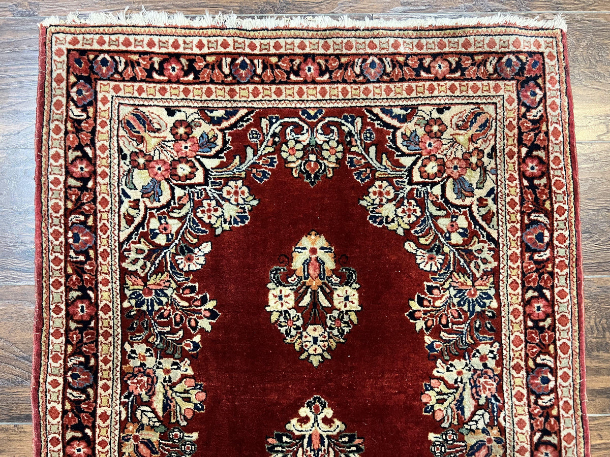 Persian Sarouk Runner Rug 2.7 x 6, Semi Open Field, Red, Handmade Hand Knotted, Wool Oriental Carpet, Vintage Semi Antique - Jewel Rugs, view 9