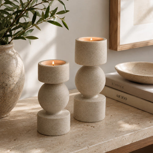 Bosa Travertine Candle Holders Set of Two 7.8"/10" H image 2