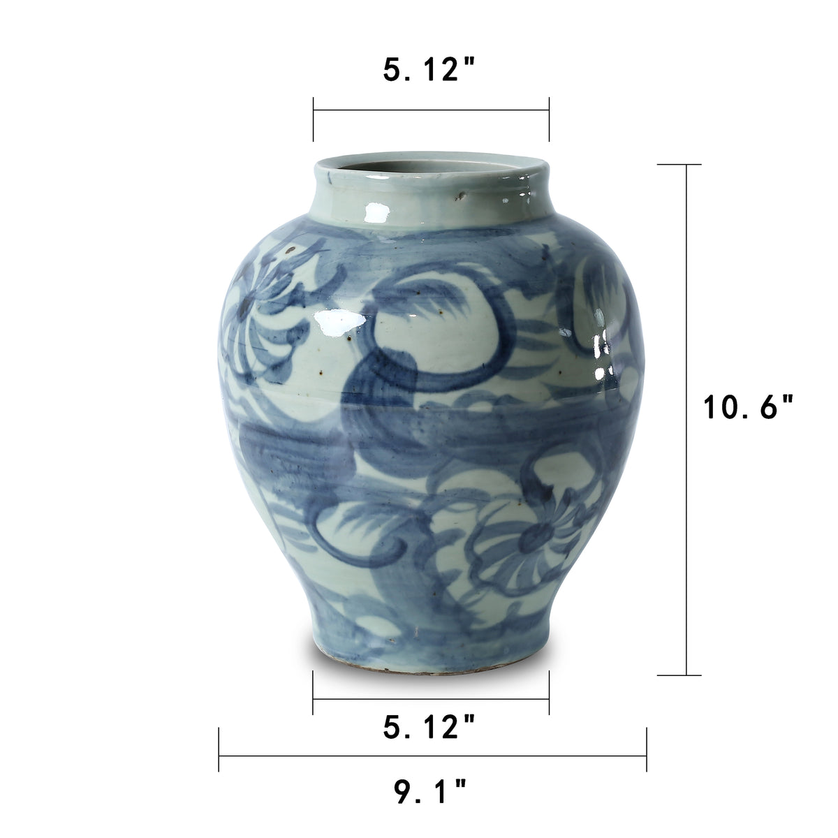 Approx. 11" High Blue and White Jar with Flower Motif