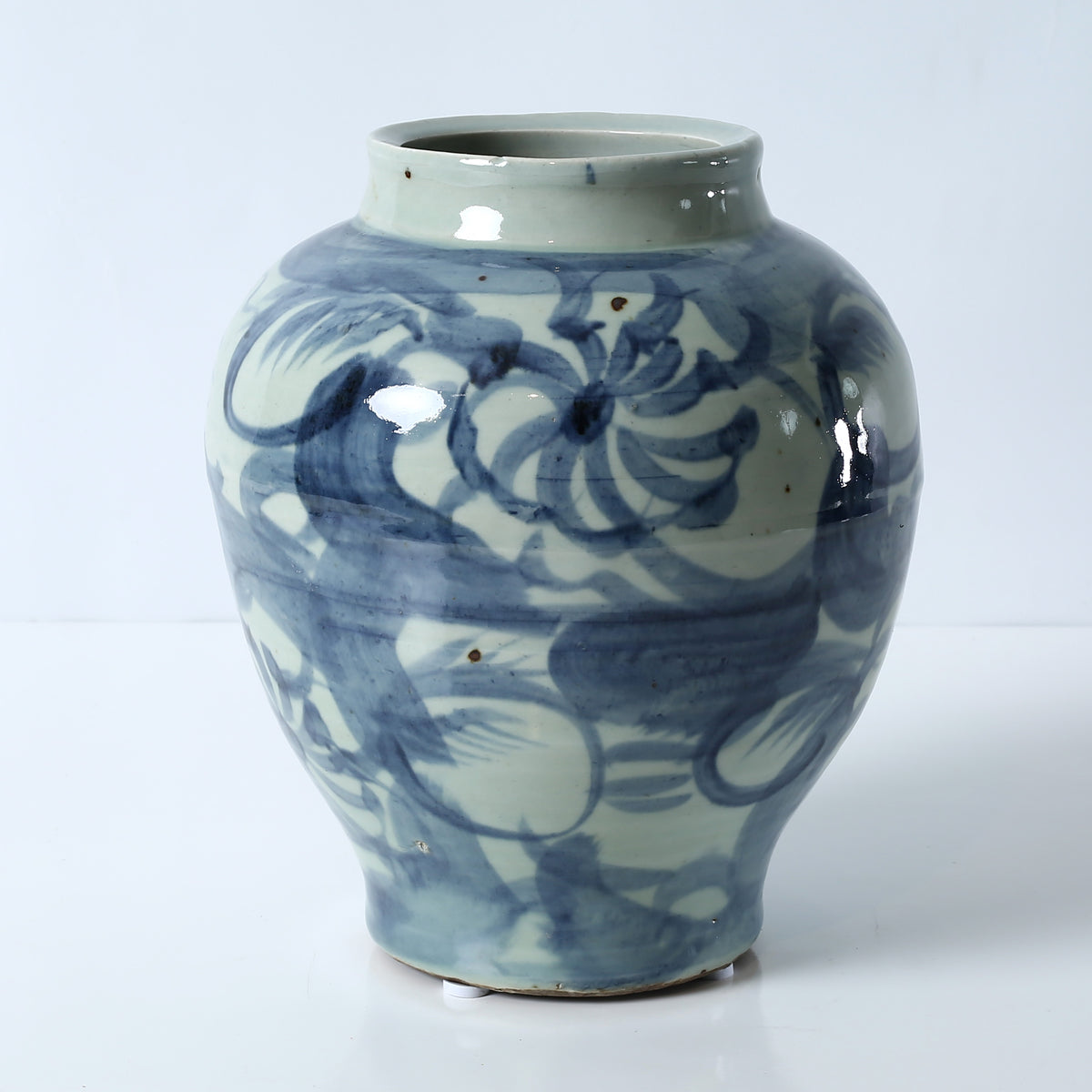 Approx. 11" High Blue and White Jar with Flower Motif