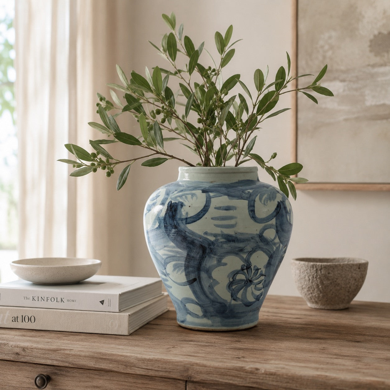 Approx. 13" High Blue and White Jar with Flower Motif