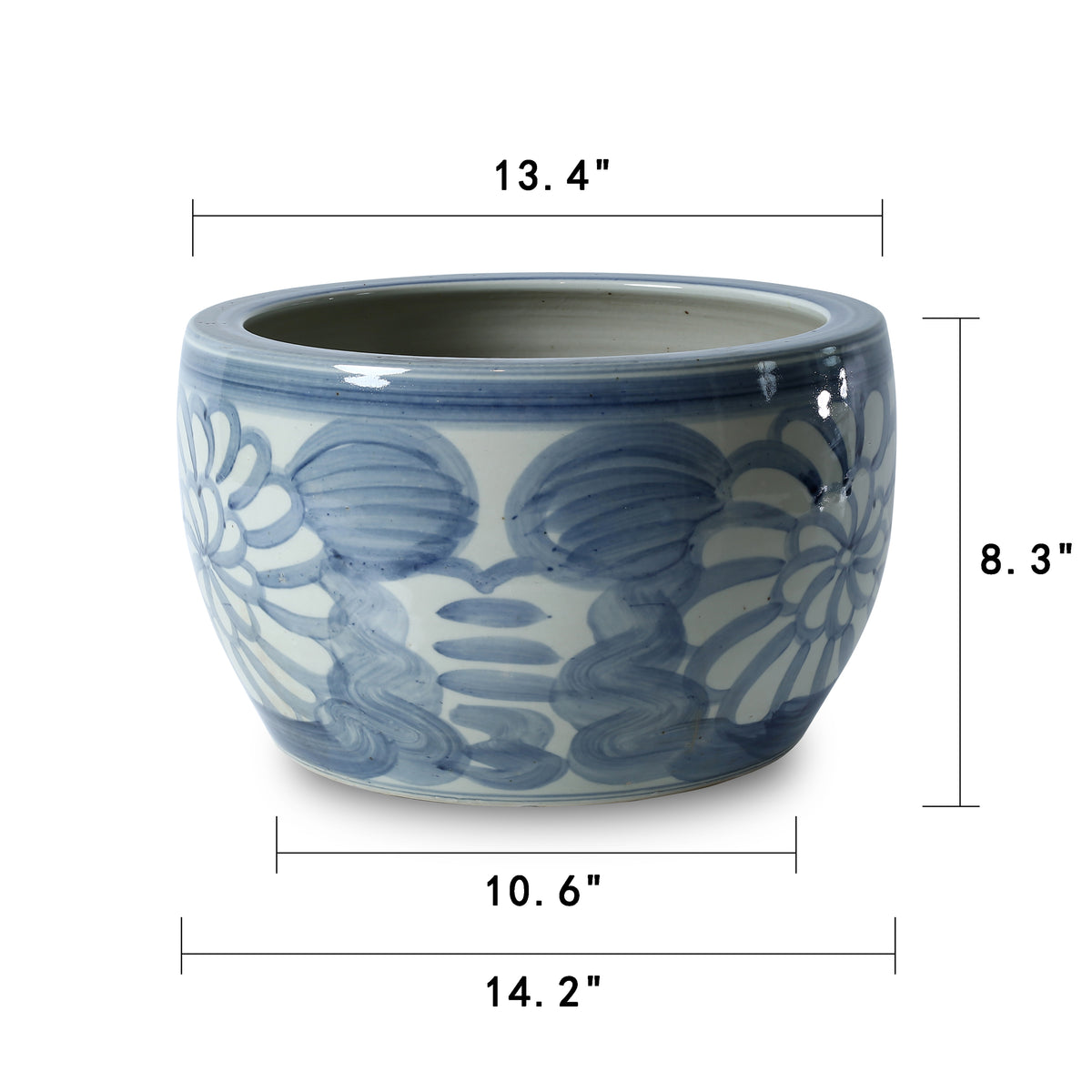 Approx. 14" Wide Blue and White Planter with Flower Motif