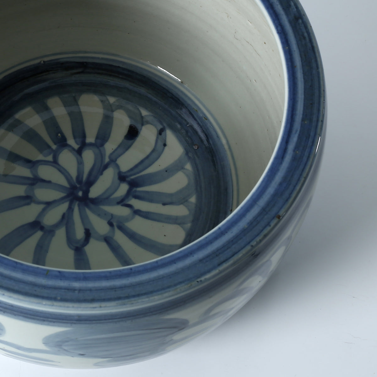 Approx. 14" Wide Blue and White Planter with Flower Motif