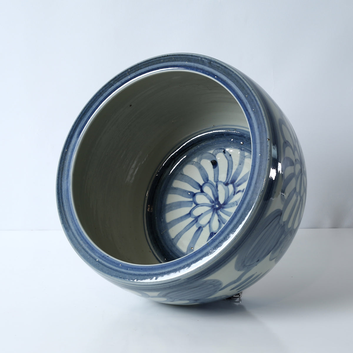 Approx. 14" Wide Blue and White Planter with Flower Motif