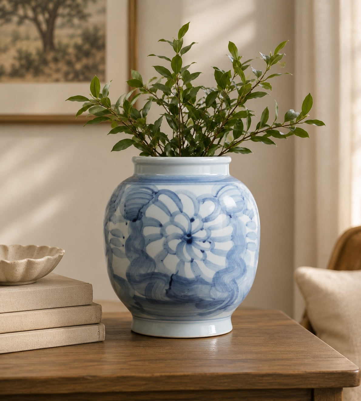 Approx. 10 Inches Tall Blue and White Vase with Flower Motif