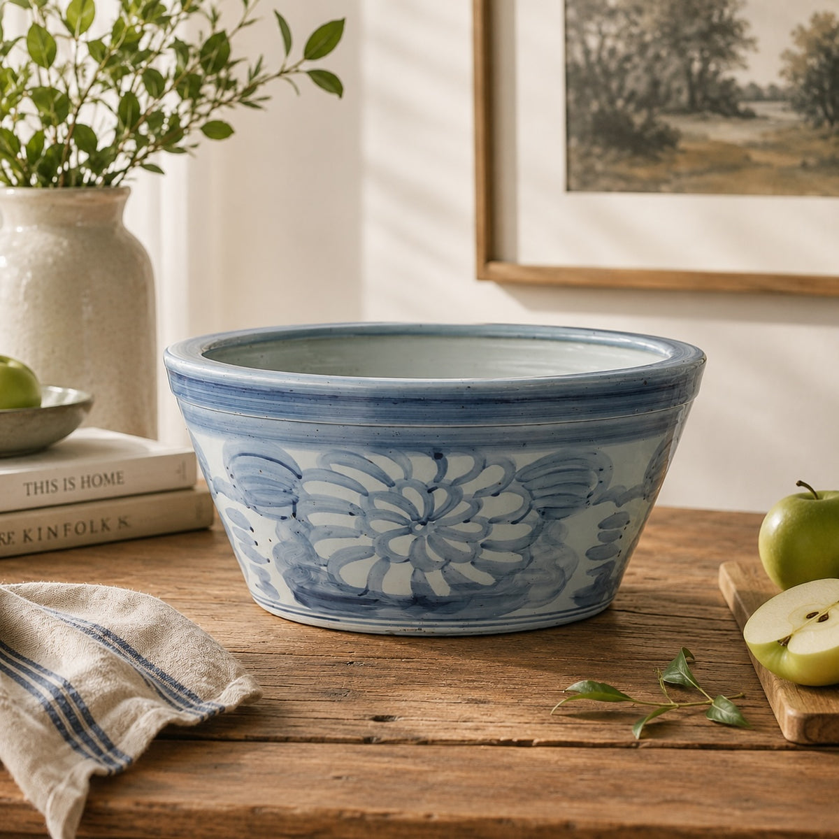 Approx. 18 Inches Wide Blue and White Planter with Flower Motif