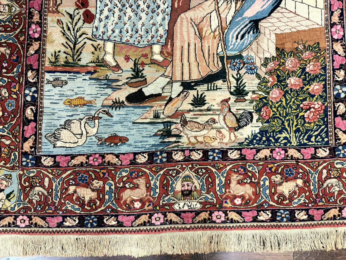 Wonderful Persian Kashan Pictorial Rug 4.7 x 6.5, Persian Rug for Wall Hanging, Handmade Antique Wool Carpet Animal Motifs Poetry Lovers, 240 KPSI - Jewel Rugs, view 6