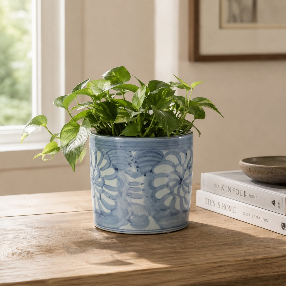 Approx.8.7 Inches Tall Blue and White Pot with Flower Motif