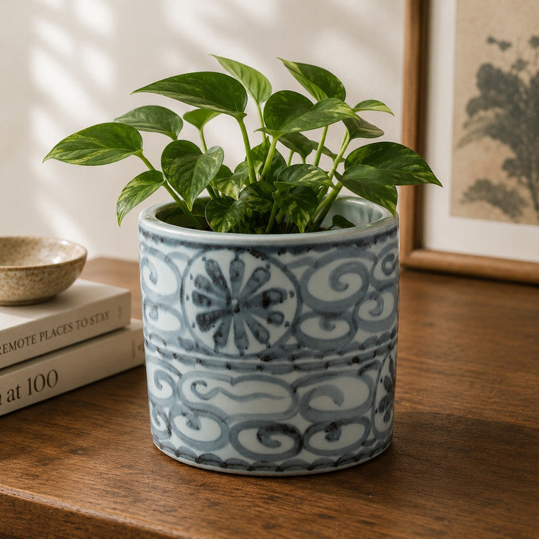 Approx.8 Inches Subtle Blue and White Planter With Flower Motif image 3