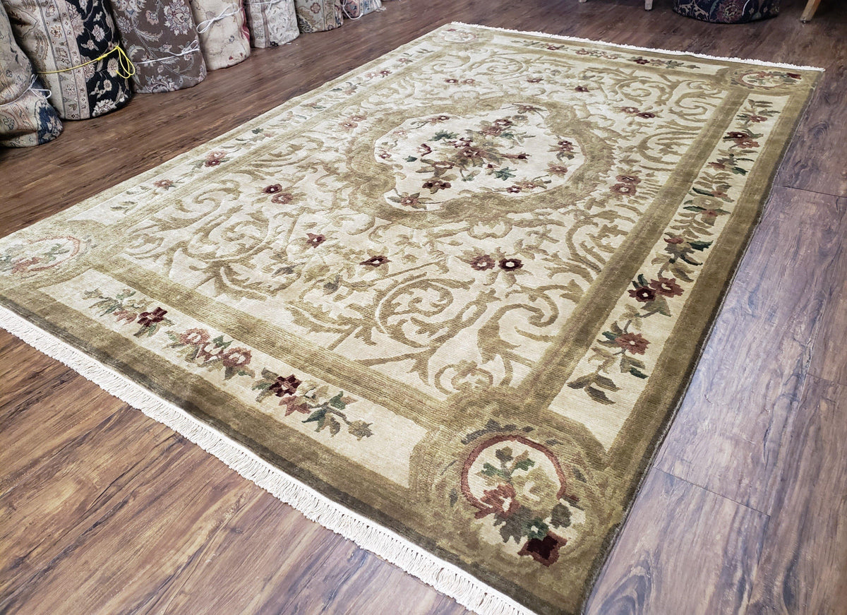 Vintage Nepali Tibetan Aubusson Rug 6x9, Wool Hand-Knotted Cream Beige Carpet, Leaves & Floral Pattern 6 x 9 Soft Area Rug Home Office Rug - Jewel Rugs, view 3
