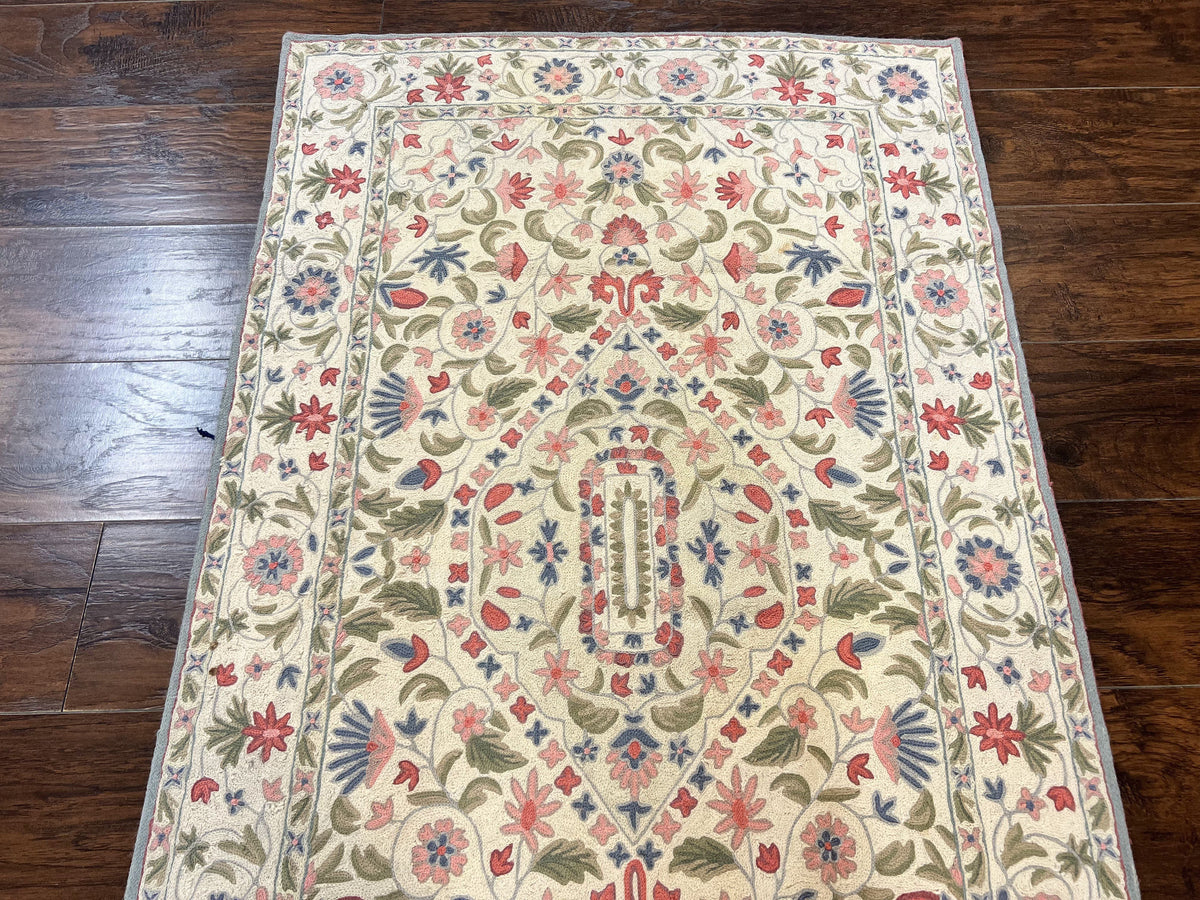 Hand Stitched Indian Rug 4x5, Floral, Vintage Hand Embroidered Rug - Jewel Rugs, view 2