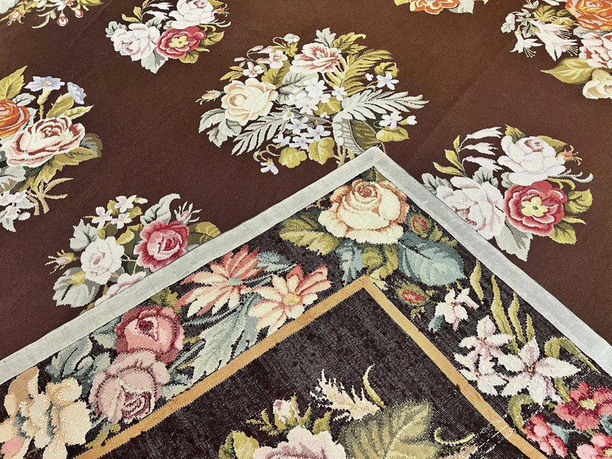 Vintage Needlepoint Rug 9x12, Large Handmade Hand-woven Needlepoint Carpet, Brown Area Rug, Floral Bouquets, Wool Rug, European Design - Jewel Rugs, view 11