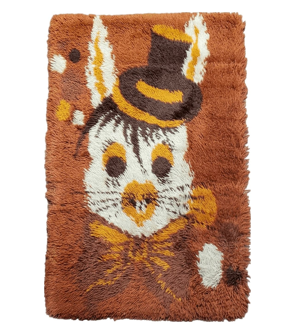 2x3 Rya Shag Rug Mid-Century Modern Danish Shag Rug 1960s Accent Rug Bunny Rabbit in Hat Dark Orange Small Shag Rug - Jewel Rugs