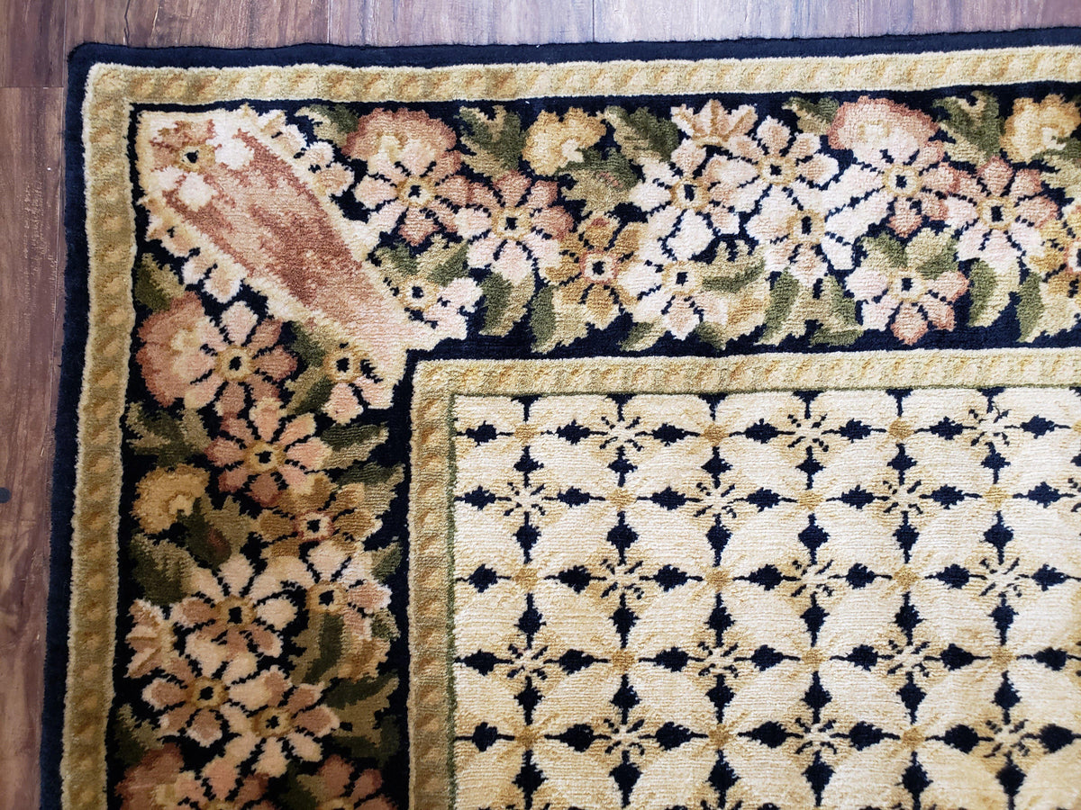 Indian Rug with Tibetan Weave, 6x8 - 6x9 Rugs, Indo-Tibetan Rug, Black and Cream Beige Tan, Floral Border, Soft Rug, Handmade Area Rug, Wool - Jewel Rugs, view 13