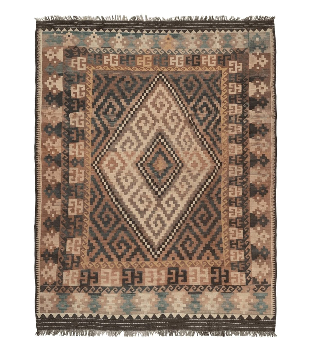 Antique Persian Tribal Kilim Rug 9x12, Zig Zag Pattern Kilim, Zarand Rug, Wool, Earth Tone Colors - Jewel Rugs
