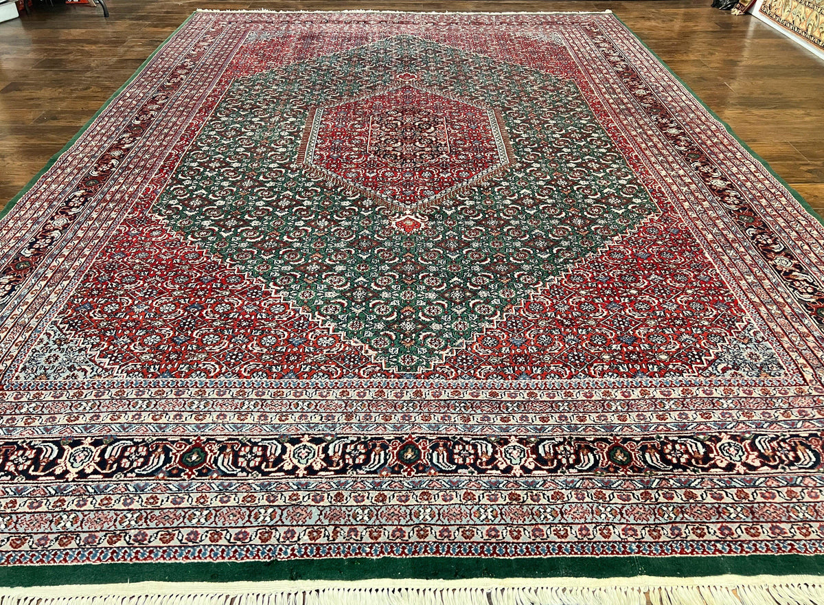 Indo Persian Rug 10x14, Bidjar Rug 10 x 14, Wool Hand Knotted Vintage Carpet, Red & Green Herati Pattern, Large Room Sized Oriental Rug - Jewel Rugs