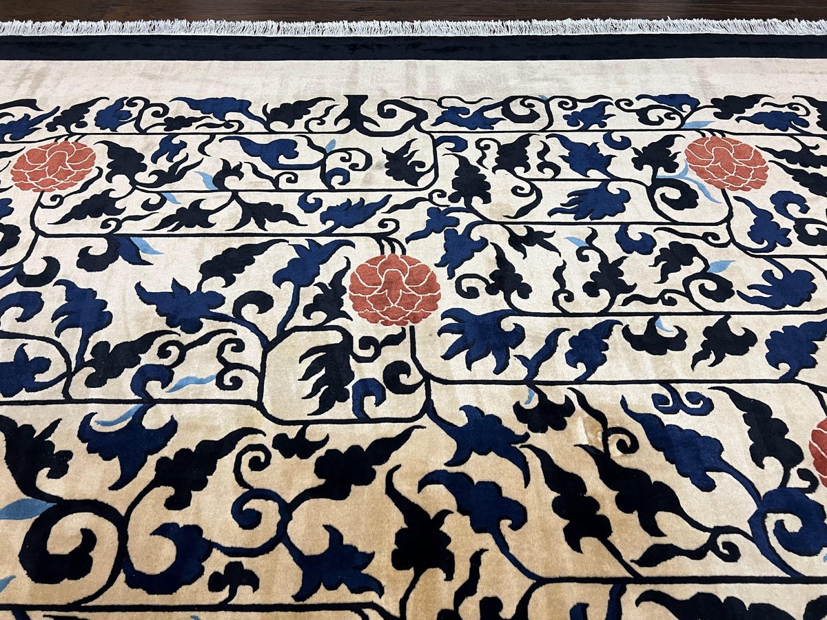 Antique Chinese Peking Rug 10x14, Beige Black, Handmade Wool Art Deco Carpet - Jewel Rugs, view 4