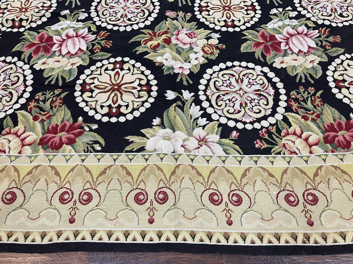 9x12 Black Needlepoint Rug, European Floral Panel Design, Handwoven, Vintage Chinese Needlepoint, Black Green Beige, Wool Rug 9 x 12 - Jewel Rugs, view 6