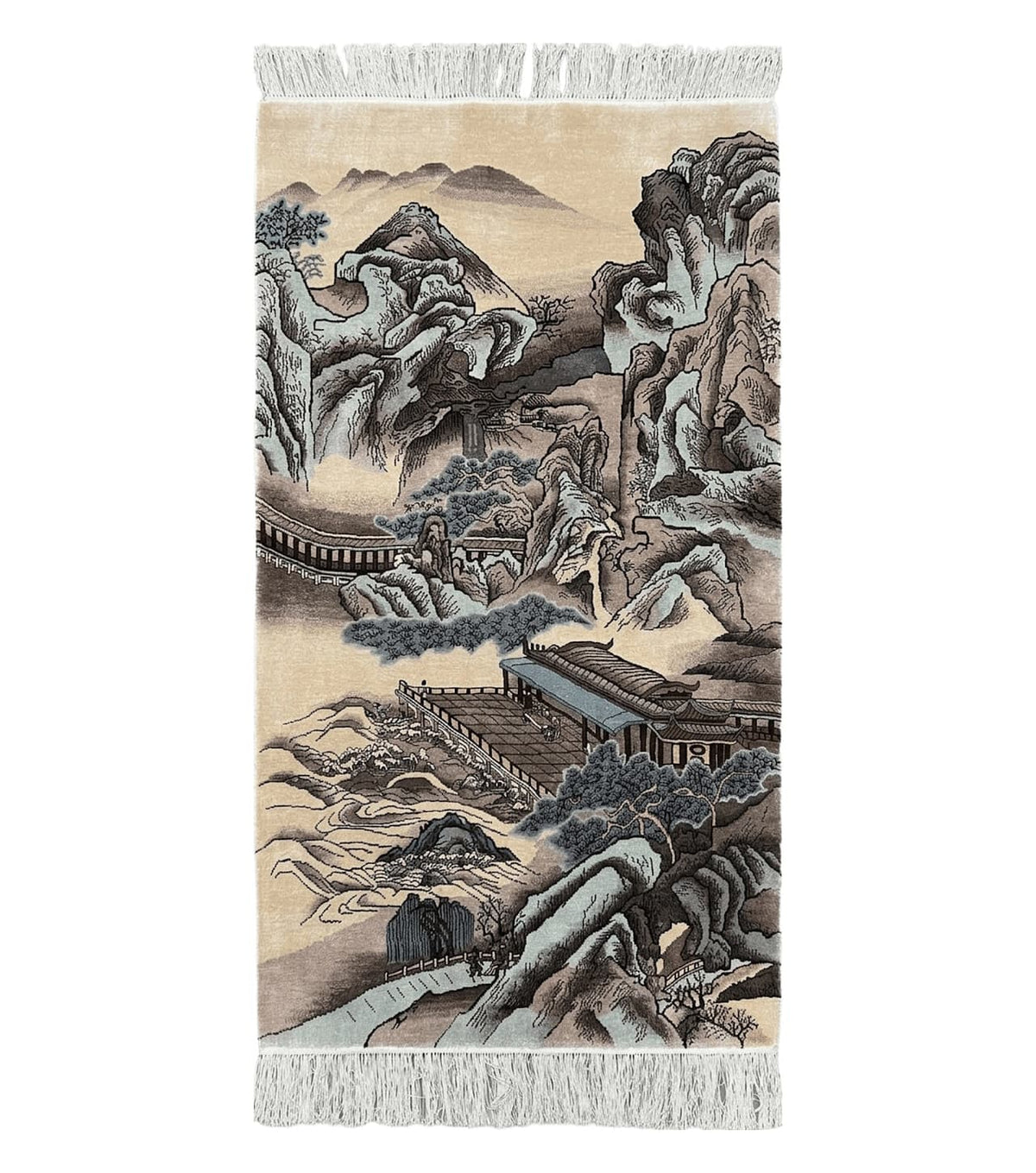 Silk Chinese Wall Hanging Rug 3x6 ft Tapestry, Pagoda Scene, Pictorial, High Quality Fine Hand Knotted Vintage, Asian Oriental Handmade Nice - Jewel Rugs